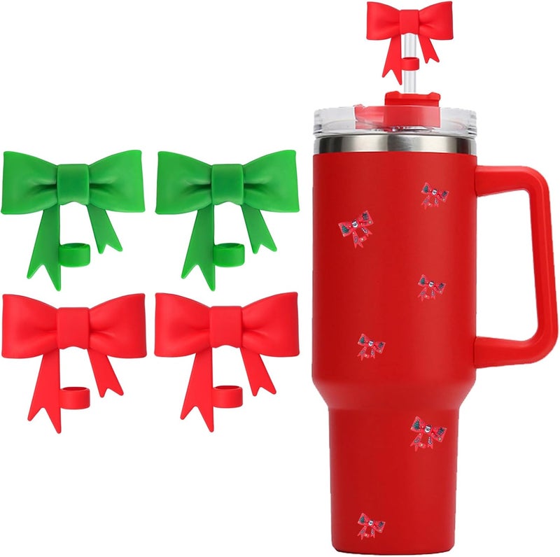HIUSITY Christmas Red Bow Straw Cover Topper for Stanley Cup,Silicone Straw Toppers for Tumbler with Handle 40oz,Cute 10mm/0.4in Straws Covers Cap,Reusable Lids for Stanley Cups Accessories, 4Pcs - Image 1